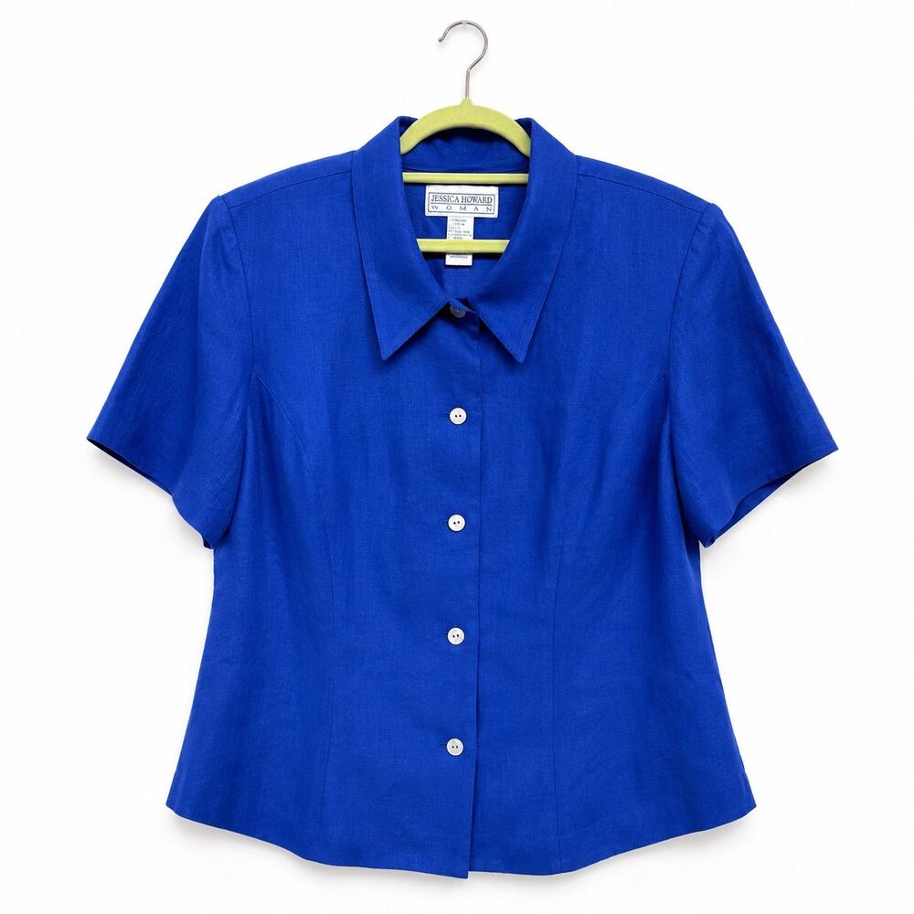 Jessica Howard Royal Blue Linen Blend Button Front Career Blouse Sz 20